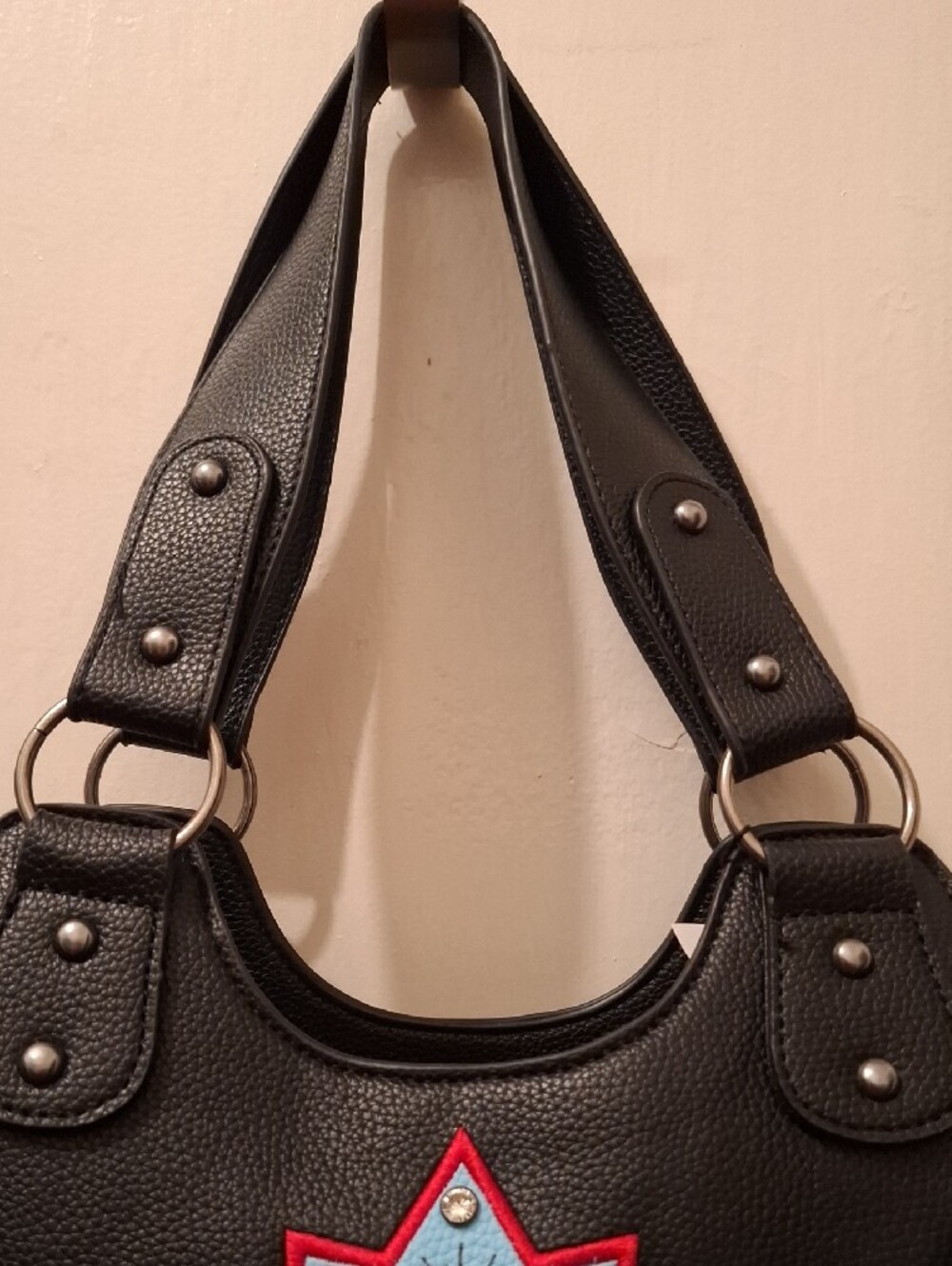 Ed Hardy Black, Red & Light Blue Heart Star Patch Satchel - Picture 7 of 11